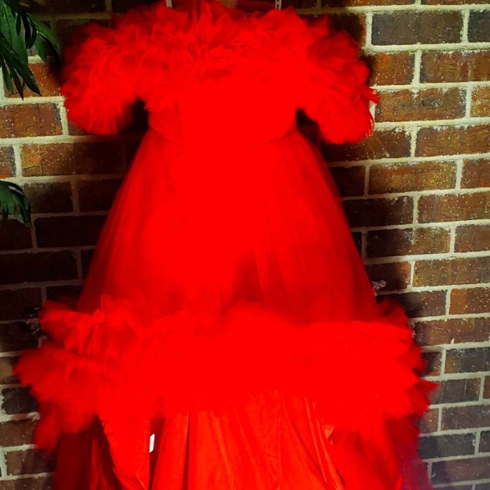 Red high and low dress.